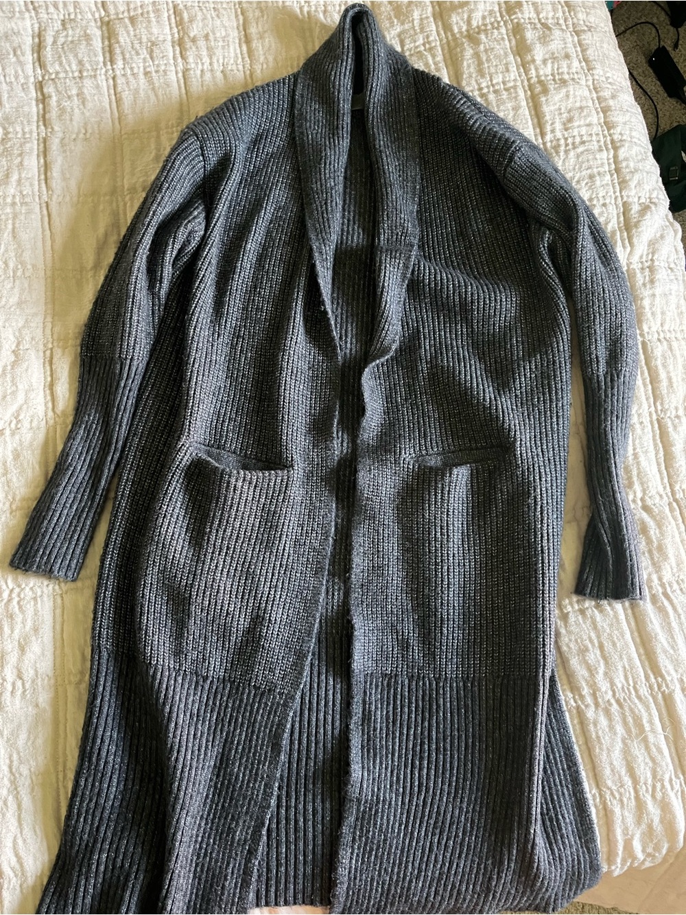Calia Long Open-Front Ribbed Cardigan - Charcoal Gray
